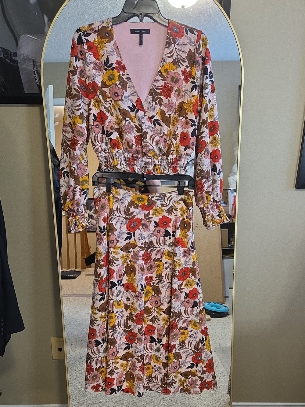 2 Pc Floral Wrap-Style Cropped Top And Midi Skirt in Pink with Multicolor Bloom